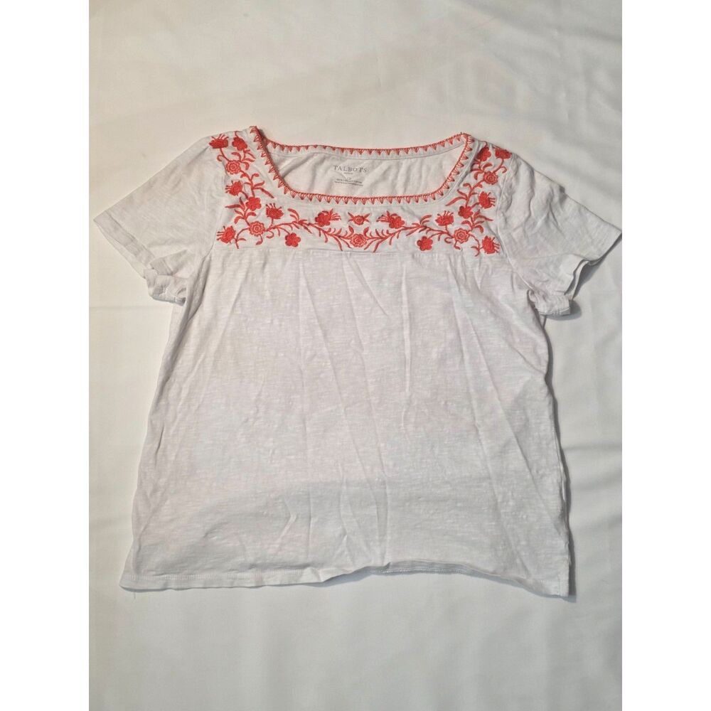 Talbots Petite LP White Orange Floral Embroidered 100% Cotton Boho T-Shirt